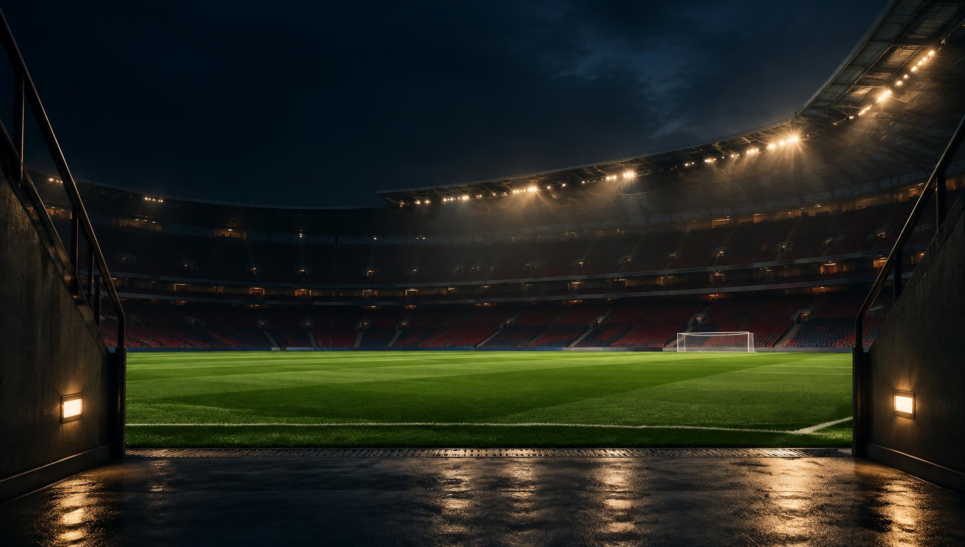 Kivilágított futballstadion kupameccs előtt